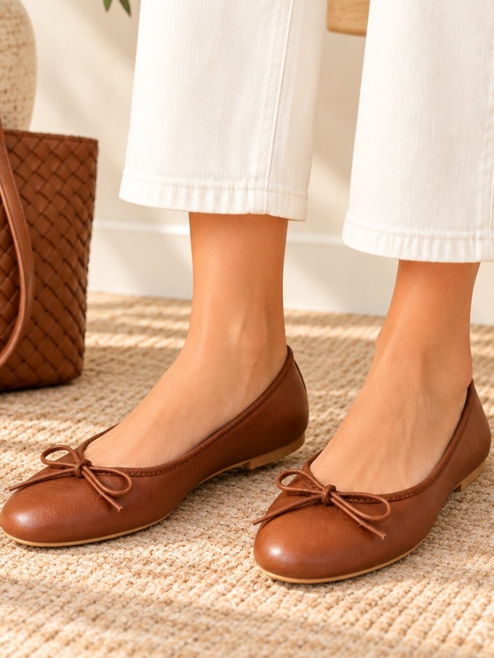 Patricia Green Skim Leather Bow Ballet Flats Luggage Brown Size 7